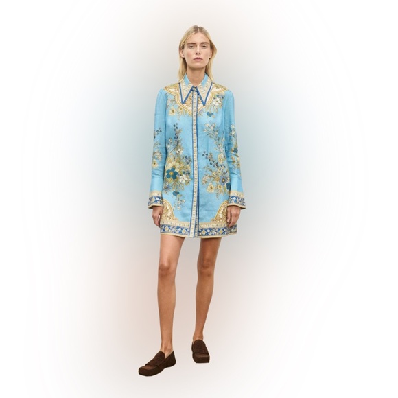 NEW ALEMAIS Cassie Blue and Gold Floral Mini Dress - Picture 2 of 10